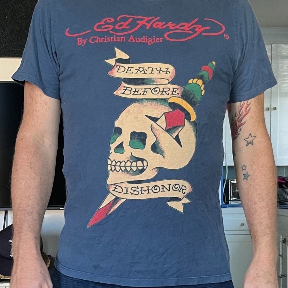 Vintage ED HARDY Blue Death Before Dishonor Skull T-shirt Tee Y2K  Mens Sz Large